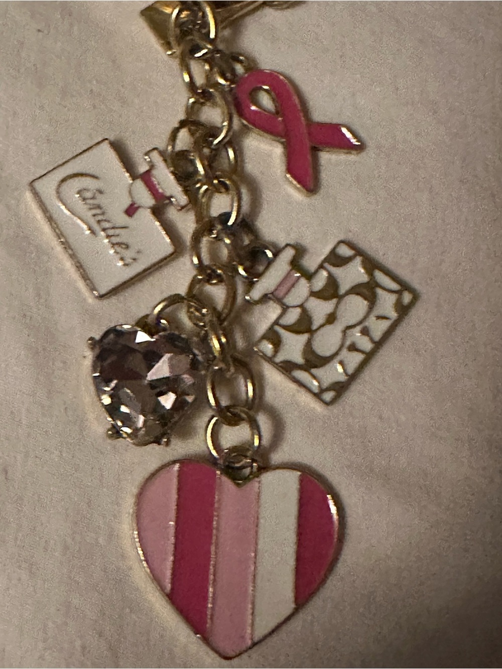Gold-Tone Pink Stripe Heart & ribbon Charm with other charms keyc no brand name